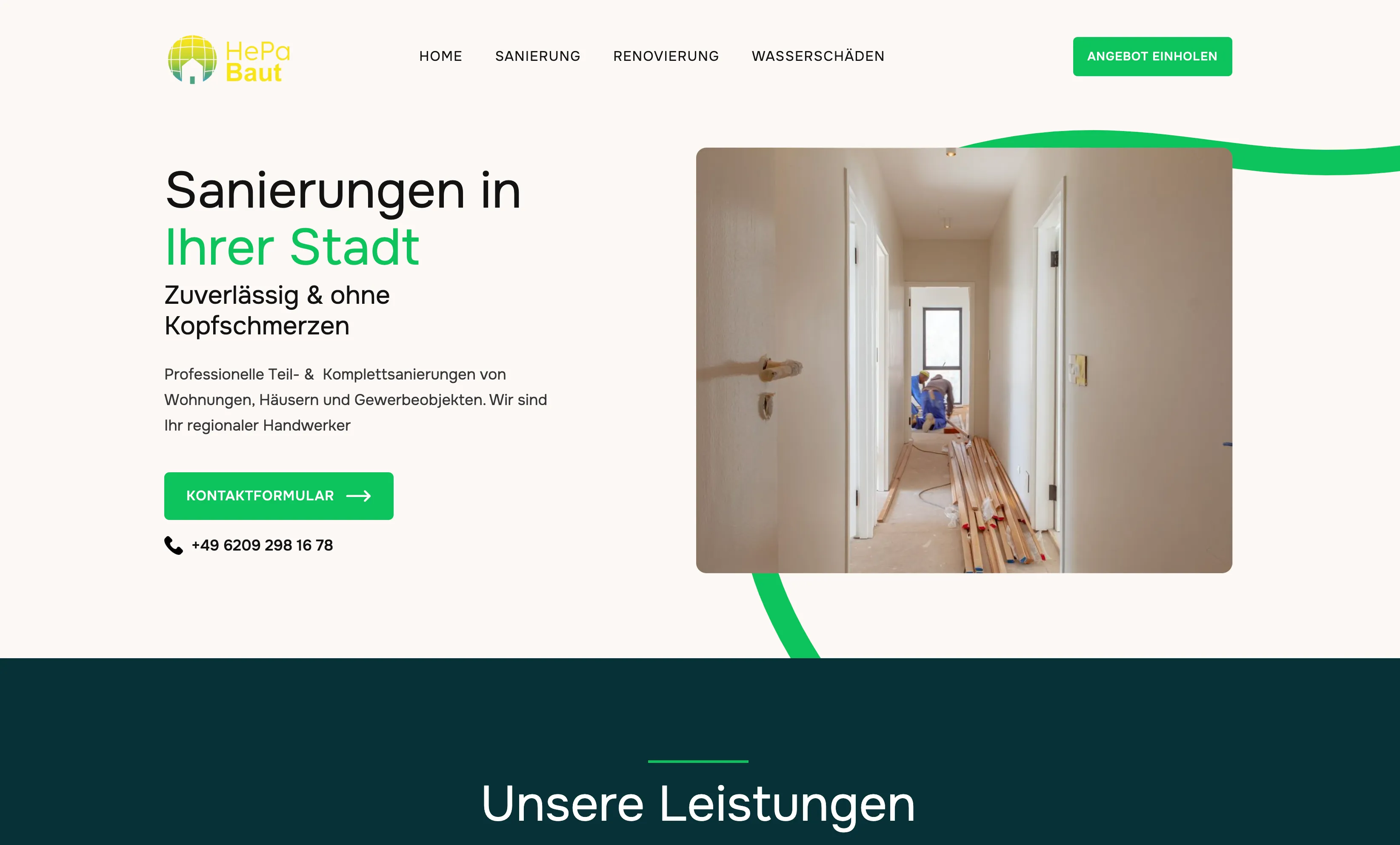 Startseite von HePa Baut mit den drei getrennten Leistungsbereichen